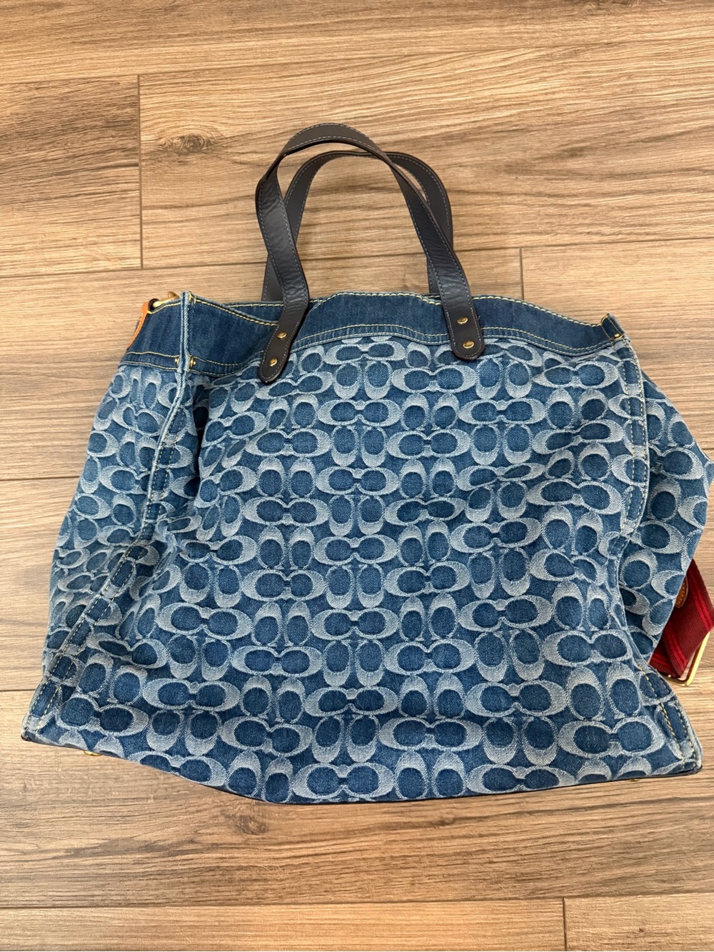 Coach Signature Denim XL Field Tote with Burgundy Strap, OS, EUC - Picture 2 of 4